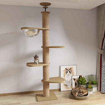 Multifunction Wooden Cat Tree House, Kitten Climbing Toy, Scratching Posts, Tower, Soft Flannel Hammock Bed, Furniture