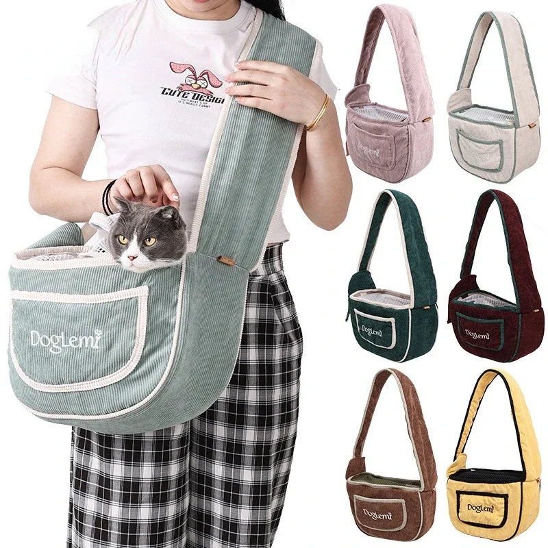 Carrier Bag for Cat and Small Dogs Light Weight Pet Shoulder Bag Washable Corduroy Breathable Travel Bag for Chihuahua Yorkshire