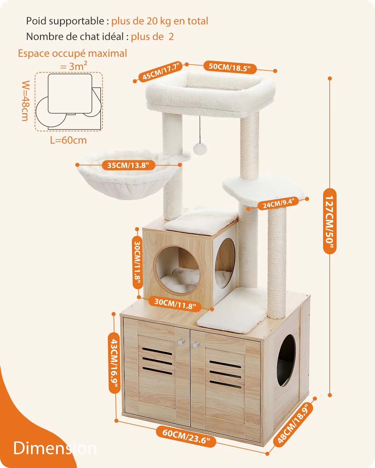 H127CM Modern Cat Tree with Condo Included Cat Litter Box Solid Wood Enclosure Furniture with Large Hammock Top Spacious Perch