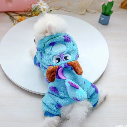 1PC Pet Apparel Dog Autumn and Winter Plush Thickened Blue Dinosaur Monster Four Legs Suitable for Small and Medium sized Dogs