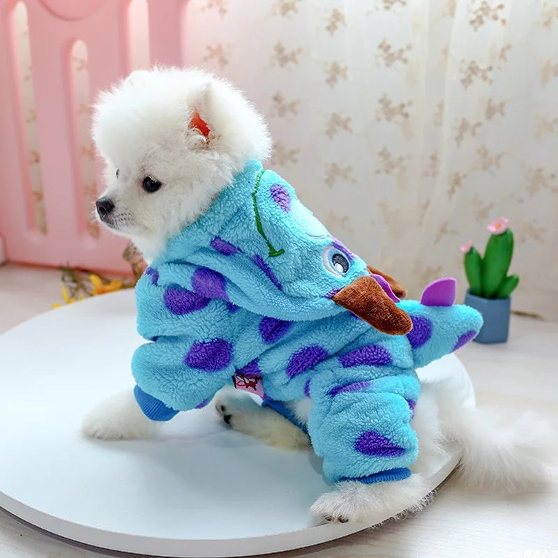 1PC Pet Apparel Dog Autumn and Winter Plush Thickened Blue Dinosaur Monster Four Legs Suitable for Small and Medium sized Dogs