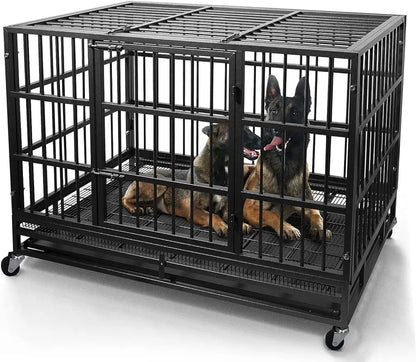 WOKEEN 48/38 Inch Heavy Duty Dog Crate Cage Kennel with Wheels, High Anxiety Indestructible, Sturdy Locks Design