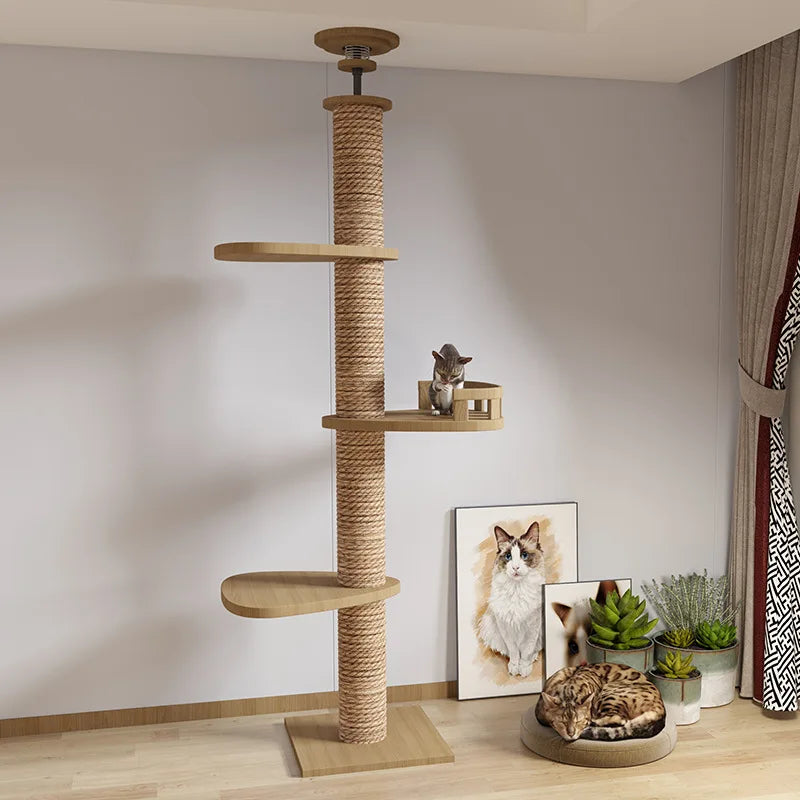 Multifunction Wooden Cat Tree House, Kitten Climbing Toy, Scratching Posts, Tower, Soft Flannel Hammock Bed, Furniture