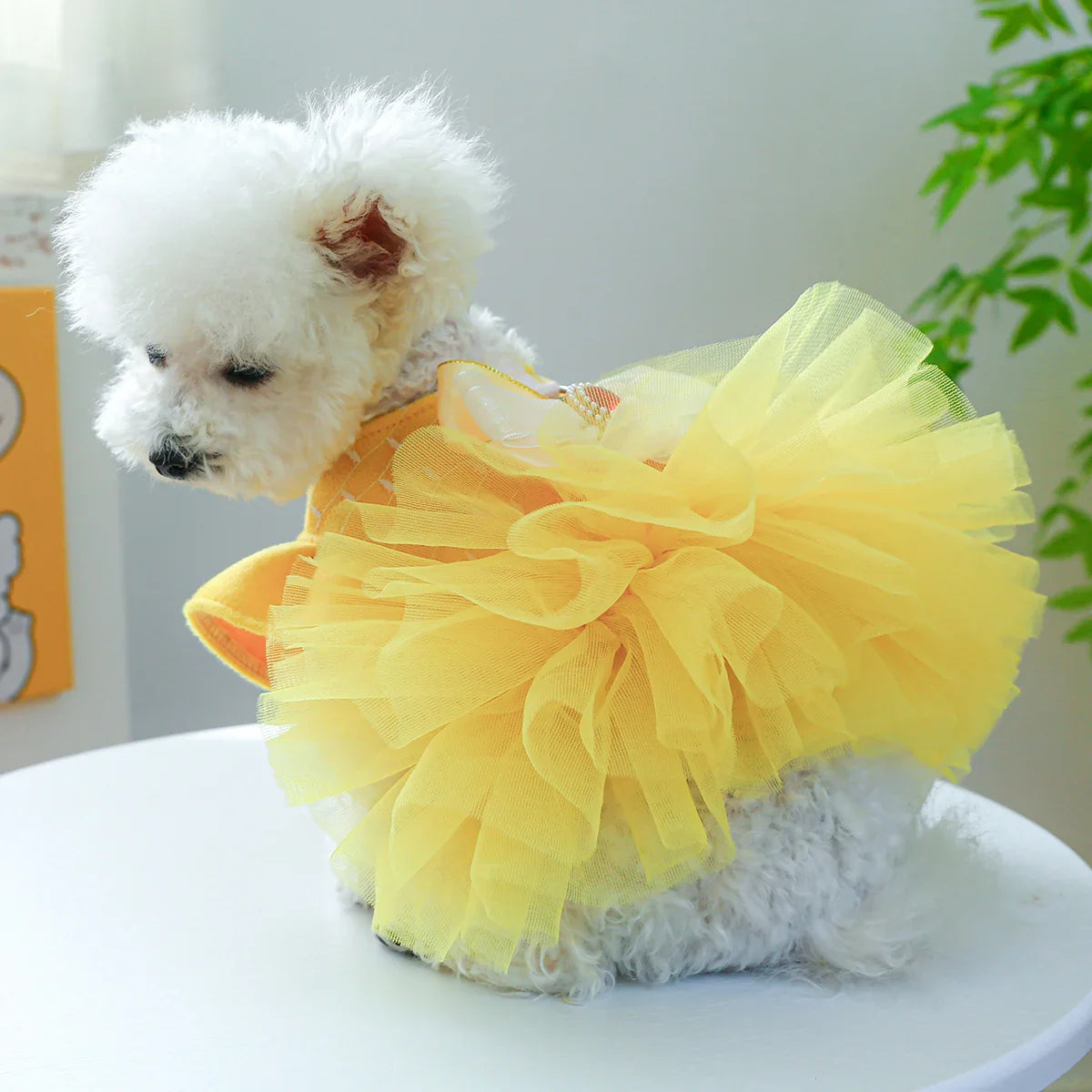 1PC Pet Apparel Dog Autumn and Winter Yellow Flying Sleeve Bow Princess Dress With Drawstring Buckle For Small Medium Dogs