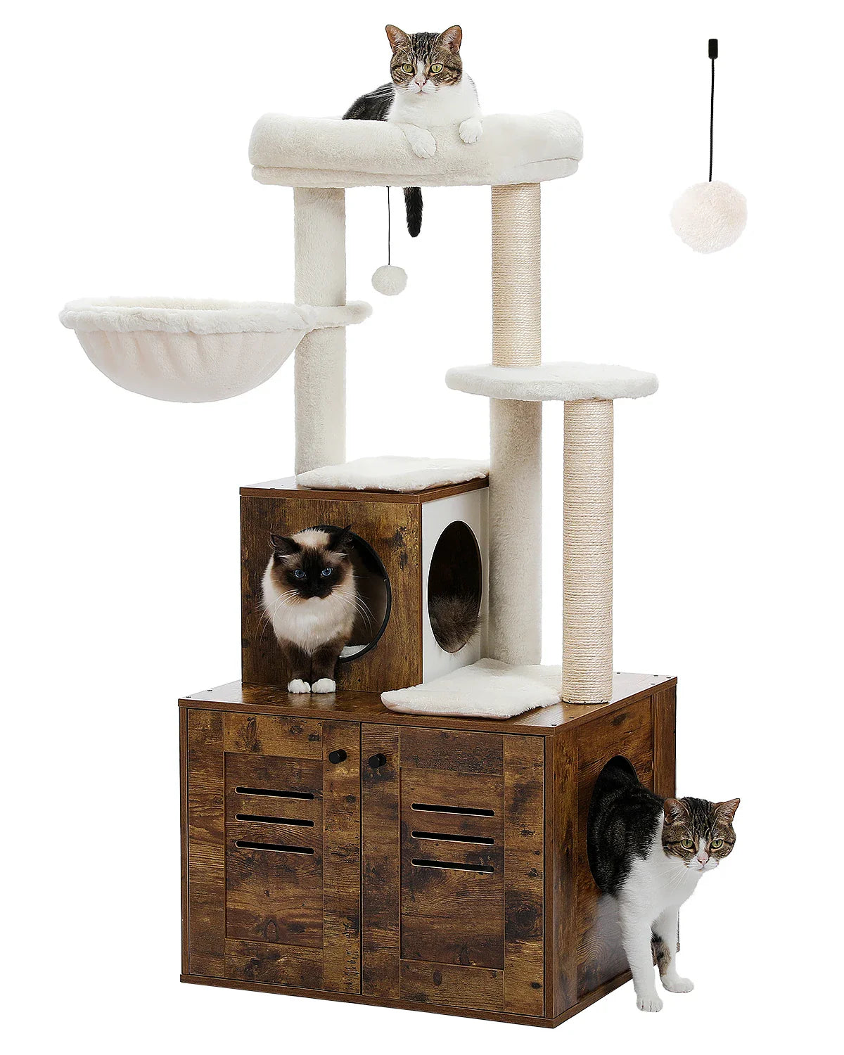 H127CM Modern Cat Tree with Condo Included Cat Litter Box Solid Wood Enclosure Furniture with Large Hammock Top Spacious Perch