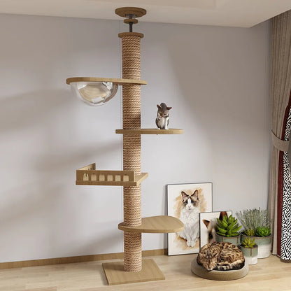 Multifunction Wooden Cat Tree House, Kitten Climbing Toy, Scratching Posts, Tower, Soft Flannel Hammock Bed, Furniture